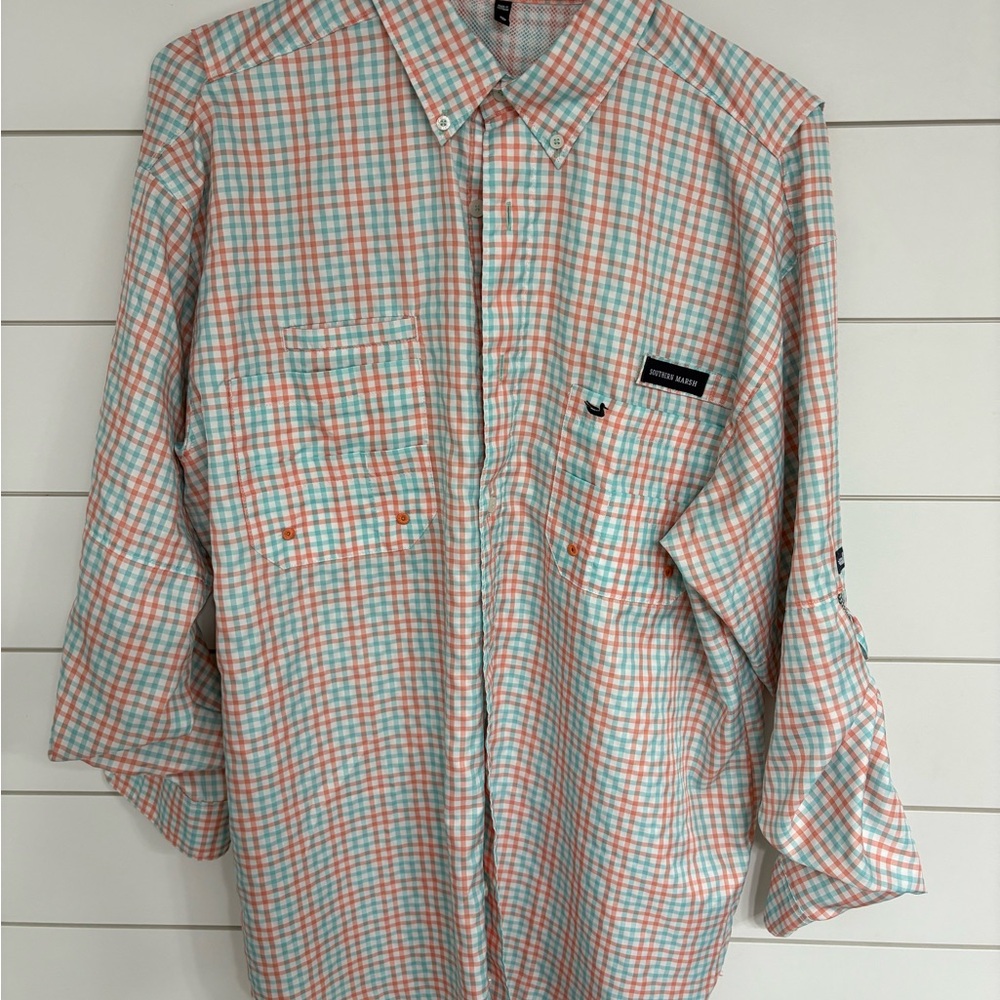 Southern Marsh Men's Plaid Shirt - Light Blue and Coral